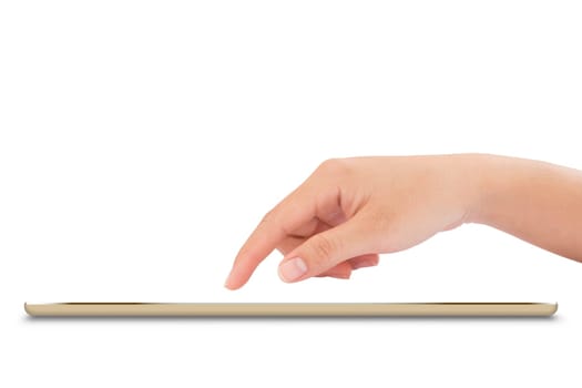 female hand touching on mock up tablet isolated with clipping path inside