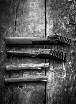Hand made knives and weft beating combs used in handmade rug weaving