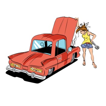 Woman repair car. Vector illustration. Transport and roads. Girl driver car mechanic. Old car