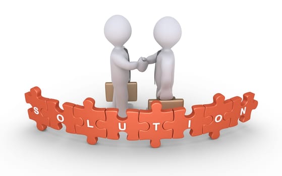 Businessmen shake hands behind the puzzle pieces with the Solution word on them