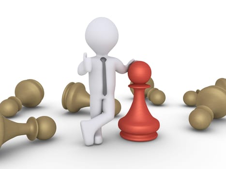 Businessman is next to a chess pawn and other pawns are lying on the ground
