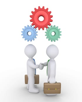 Two businessmen shake hands and connected cogwheels are over their heads