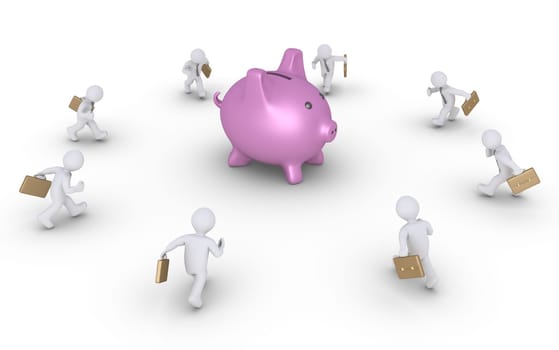 Businessmen are running to a pig money box at the center