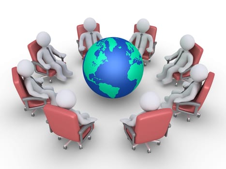 Businessmen are sitting in a circle around the globe