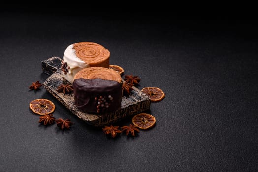 Round sweet New York roll croissant with chocolate cream filling on a dark concrete background
