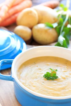 potato soup in blue pot