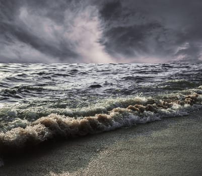 Sea and beach storm in over dark tone, Wave befor the tsunami