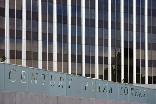Los Angeles,United States - December 27,2015: The glamorous exterior of the modern glass facade of the Century Plaza Tower with its logo on December 27,2015 in Los Angeles.