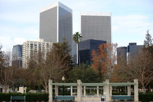 Various skyscrapers and shopping malls in downtown Los Angeles surrounded by parks in Beverly Hills.
