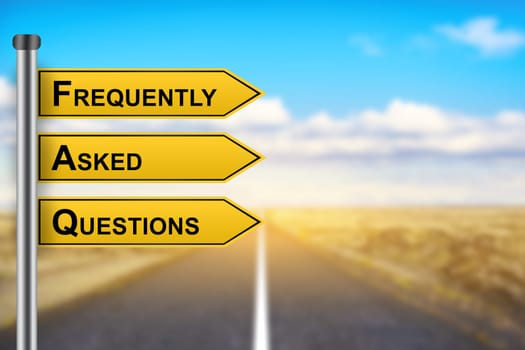 FAQ or Frequently asked questions words on yellow road sign with blurred background