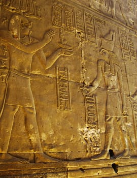 Reliefs of Pharaoh and Horus god in the interior wall of Edfu temple, Egypt