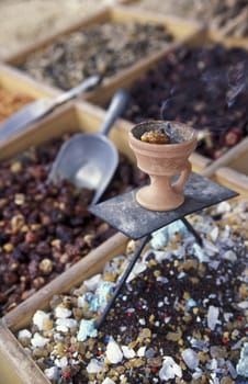 a incense Sohp in the souq or Market in the old town in the city of Dubai in the Arab Emirates in the Gulf of Arabia.