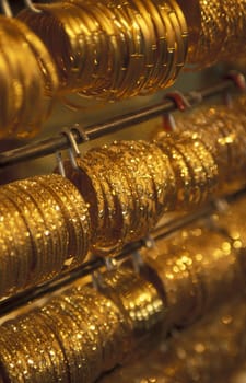 a Gold shop the souq or Market in the old town in the city of Dubai in the Arab Emirates in the Gulf of Arabia.