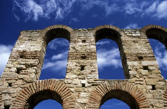 the ruin of the Basilica in the old town of Nesebar on the coast of the Black sea in Bulgaria in east Europe.