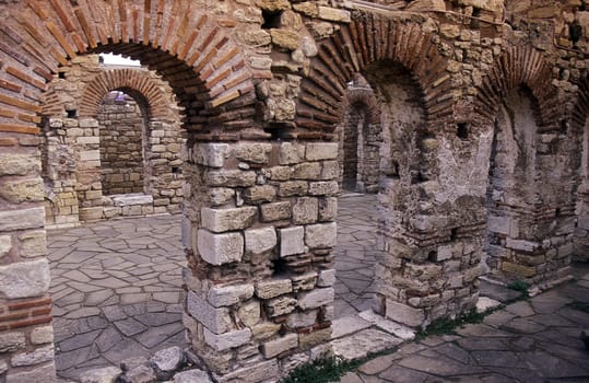 the ruin of the Basilica in the old town of Nesebar on the coast of the Black sea in Bulgaria in east Europe.