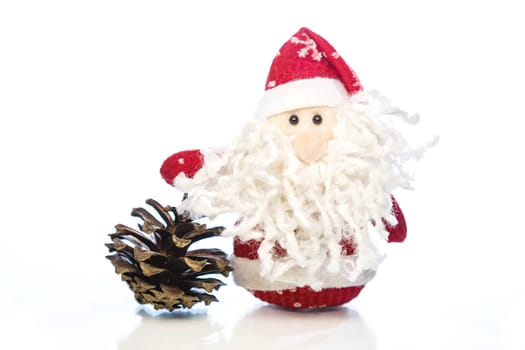 Santa Claus or Father Frost and pine cone on white background with reflection