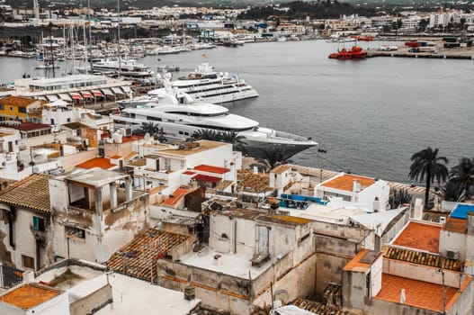 A View of the old town of Ibiza and the harbour from high up.