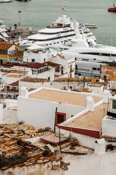 A View of the old town of Ibiza and the harbour from high up.