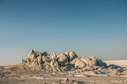 A rocky outcrop in the Makgadikgadi salt pan in Botswana near Kubu Island.