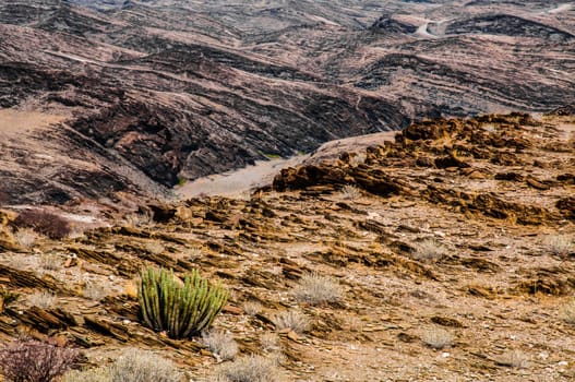 The rocky inhospitable landscape of the namib Nauklauft National Park in Namibia with very little vegitation, mostly succulents.