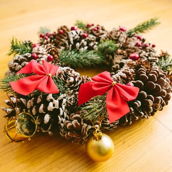 Christmas Decoration Over Wooden Background. Decorations over Wood. Vintage. Selective focus