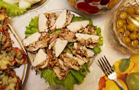 Delicious sandwiches with mushrooms and cheese on a large plate