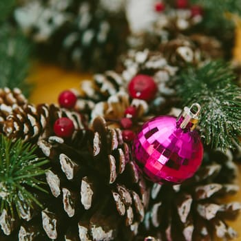 Christmas Decoration Over Wooden Background. Decorations over Wood. Vintage. Selective focus