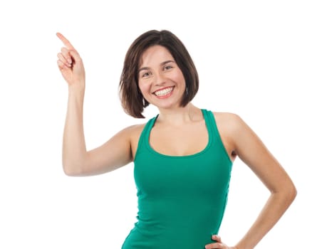 retty brunette pointing up, isolated on white