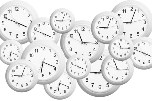 Several clocks in different sizes and times in a background