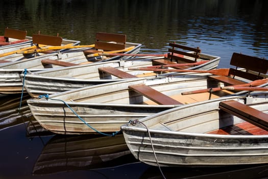 Empty rowboats at a lake in a row with copy space