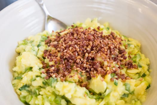 Bowl potato salad,leek with bacon
