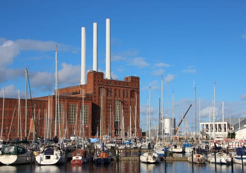 Urban Yacht Harbor in City near Industry. Urban Living.