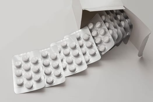 Multiple Loafs of pills Getting Out Form the Box over gray background with shadow.