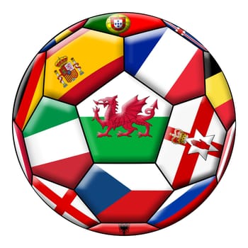 Soccer ball on a white background with flags of European countries