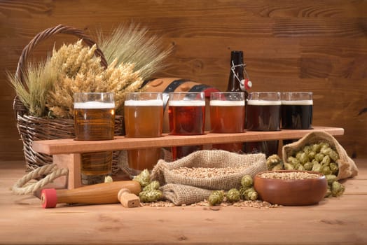 Beer carriers with many different beers,wheat,barley,hops and malt