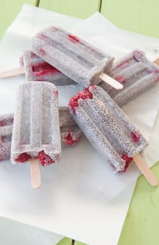 Homemade ice cream on the stem with chia seeds and raspberries