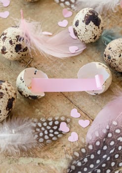 Quail eggs and colorful feathers at Easter on rustic background