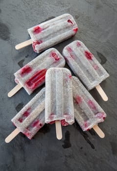 Homemade ice cream on the stem with chia seeds and raspberries