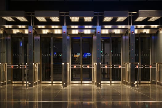 Frankfurt,Germany - December 29,2015: The secured check-out counters with sliding glass doors at Frankfurt Airport on December 29,2015 in Frankfurt.
