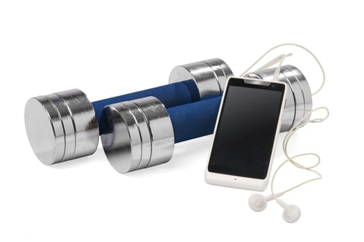 A pair of dumbbells and a smartphone. Fitness concept isolated