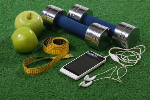 Fitness concept. Various elements over a grass background