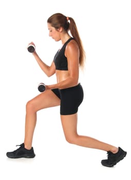 Young woman exercising with dumbbells isolated on white background