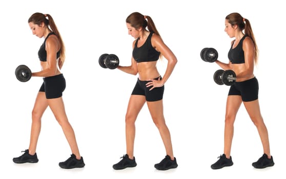 Collage of a young woman doing exercise with dumbbells, over white