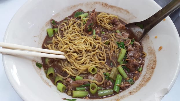 Mixed Noodle. beef, vegetables, flour, water, hot soup. Food Thai style in thailand