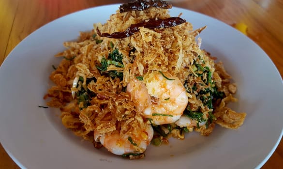 Stir Suaeda maritima with shrimp thai food