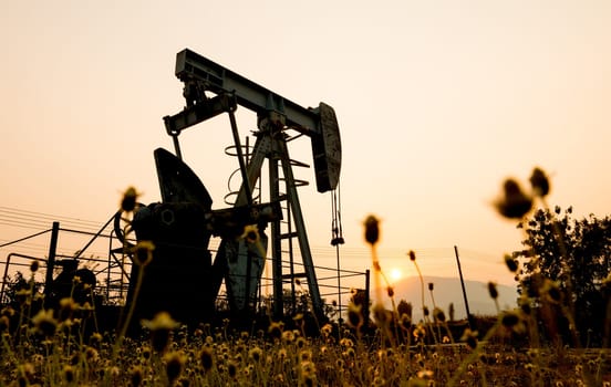 pumpjack at an oil drilling site and sunset