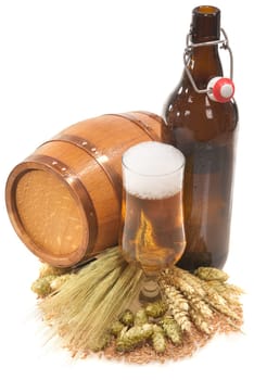 XXL beer bottle,beer glass and beer barrel with wheat,barley,hops and malt