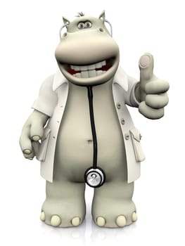 A smiling cartoon hippo dressed as doctor doing a thumbs up with his hand. White background.