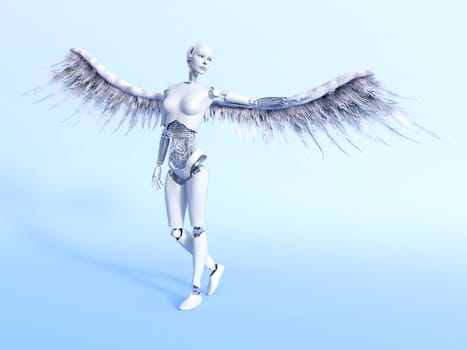 A female robot with big white wings - a cyberangel. Bluish background.