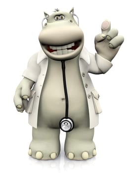 A smiling cartoon hippo dressed as doctor holding up his figer. White background.